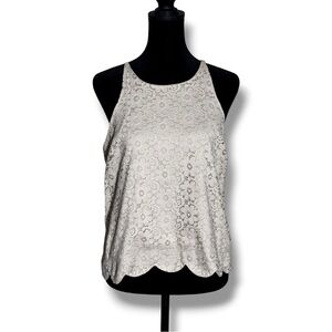 Monteau Pale Pink/Nude Lace Overlay High Neck Sleeveless Scalloped Hem Crop Top